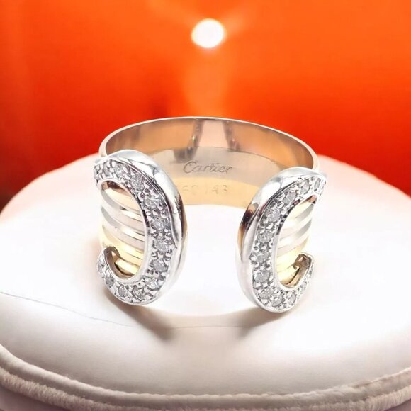 Authentic! Cartier Diamond Double C 18k Tri-Color Gold Band Ring Size 53 US 6.25 - Picture 11 of 11